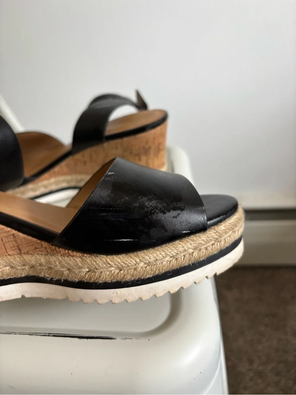 Soda Black Cork Espadrille Wedge Sandals with Gold Buckle